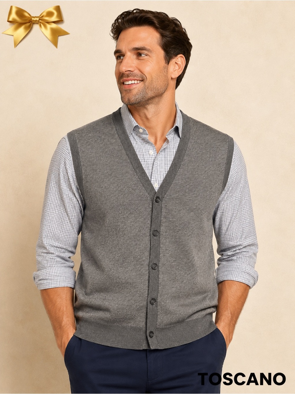 Toscano Patrick Assaraf Medium Gray Merino Wool Blend Button Sweater Vest